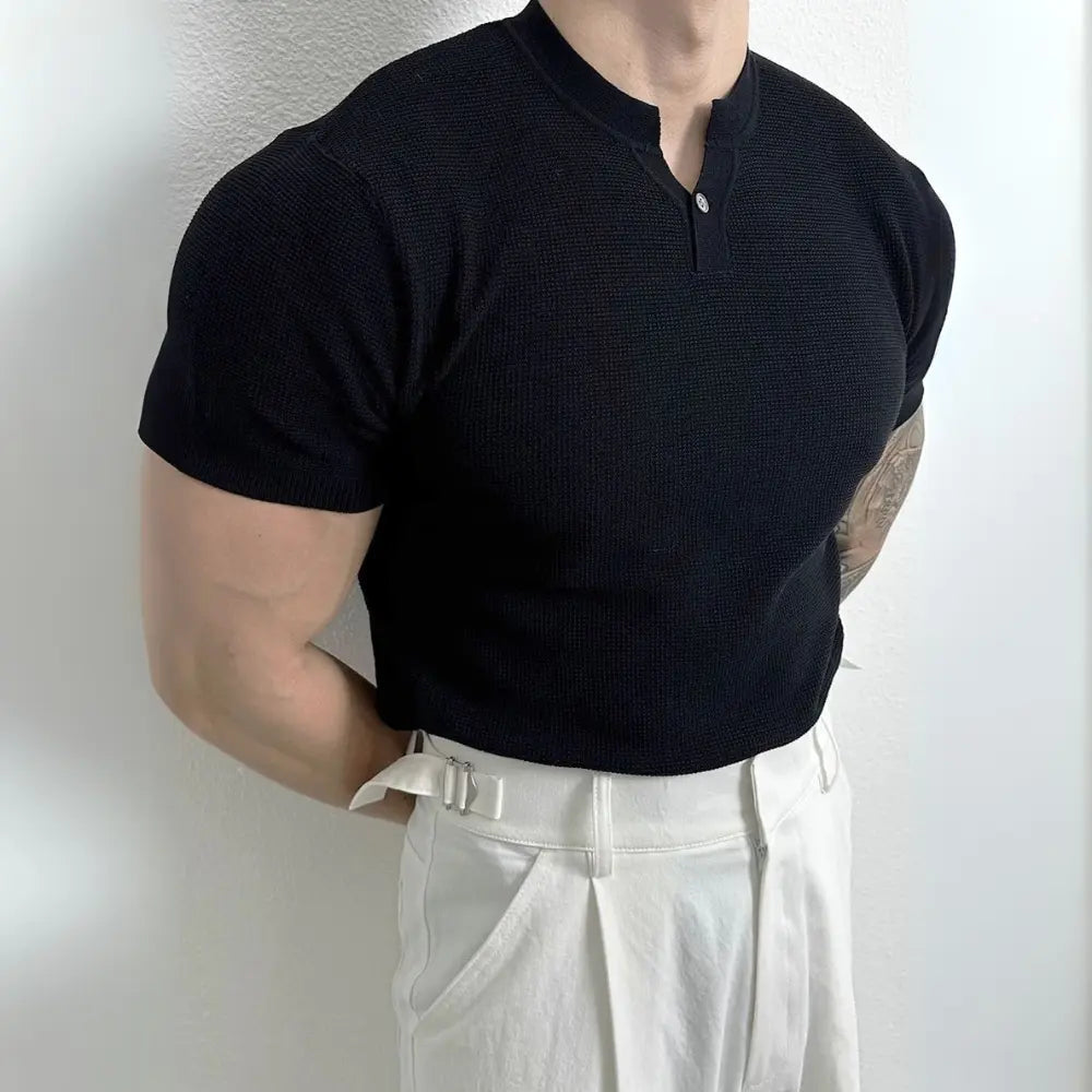 Men's Henry Collar Slim Fit Knitted T-shirt – Leisure Style | Old Money Pullover Prendersons