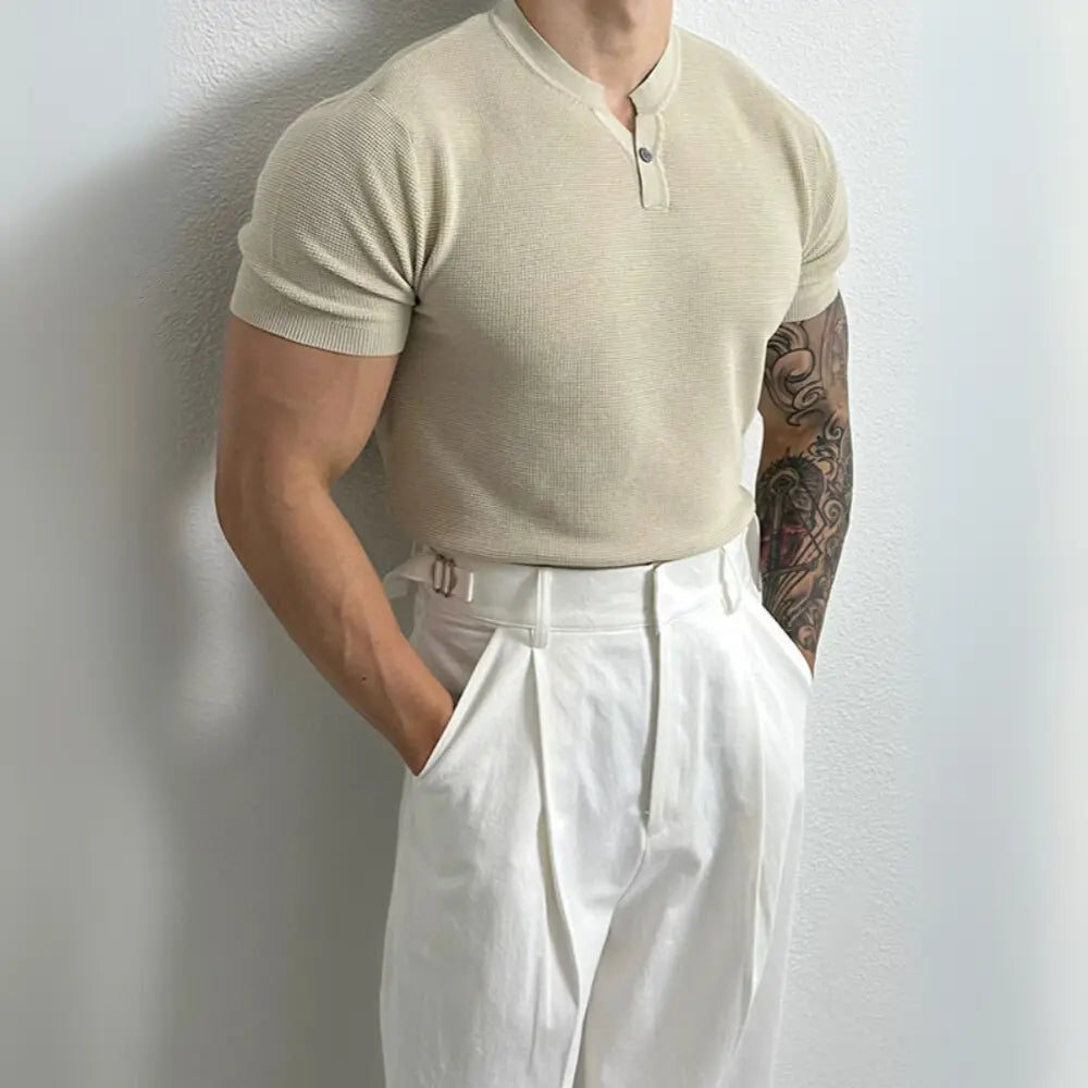 Men's Henry Collar Slim Fit Knitted T-shirt – Leisure Style | Old Money Pullover Prendersons