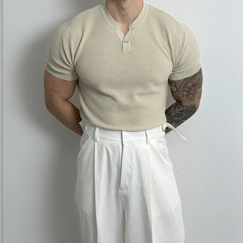 Men's Henry Collar Slim Fit Knitted T-shirt – Leisure Style | Old Money Pullover Prendersons