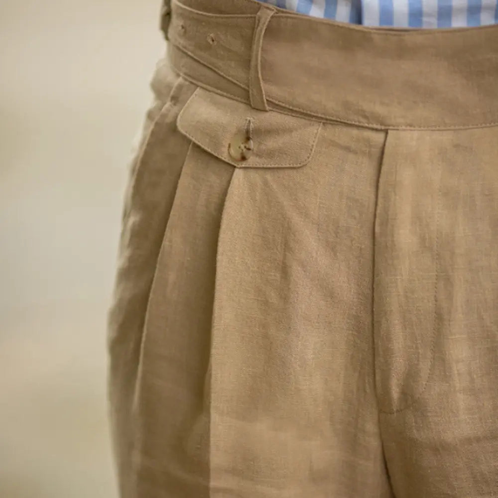 Slim Fit American Style Linen Trousers - Creamy-White, Khaki, Navy Blue | Plus Size | Retro Ankle-Banded Design Prendersons