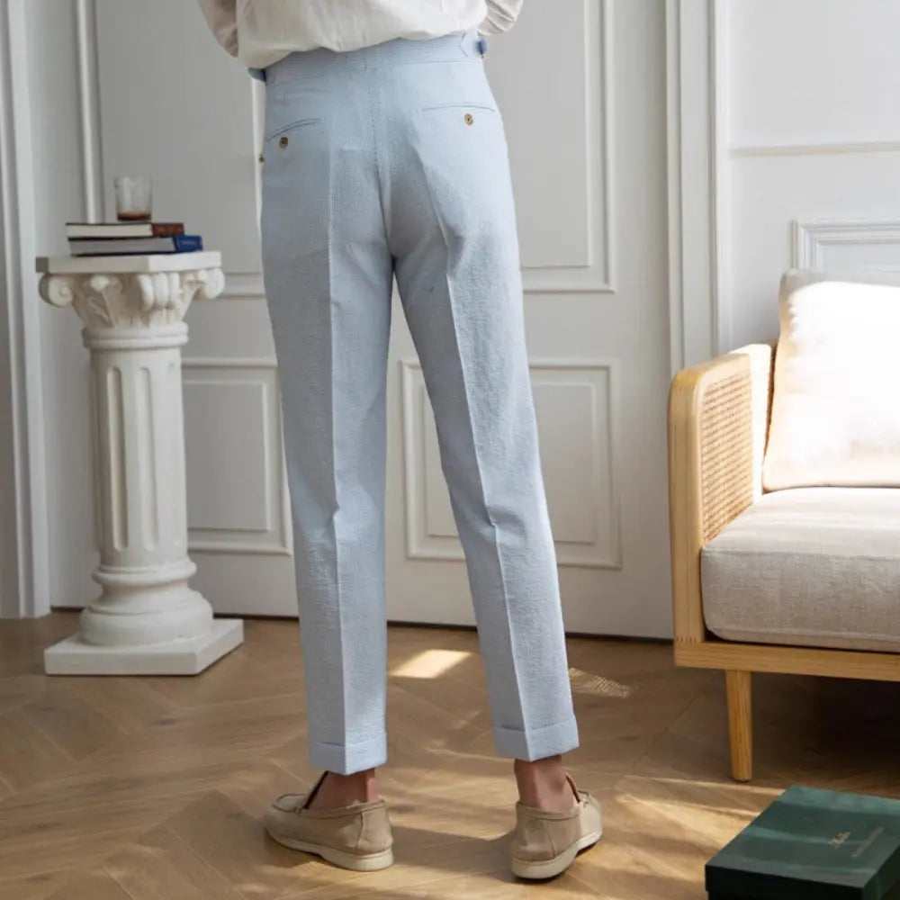 Summer Men's High Waisted Pants – Striped Blue | Summer Officewear | Old Money Menswear Prendersons