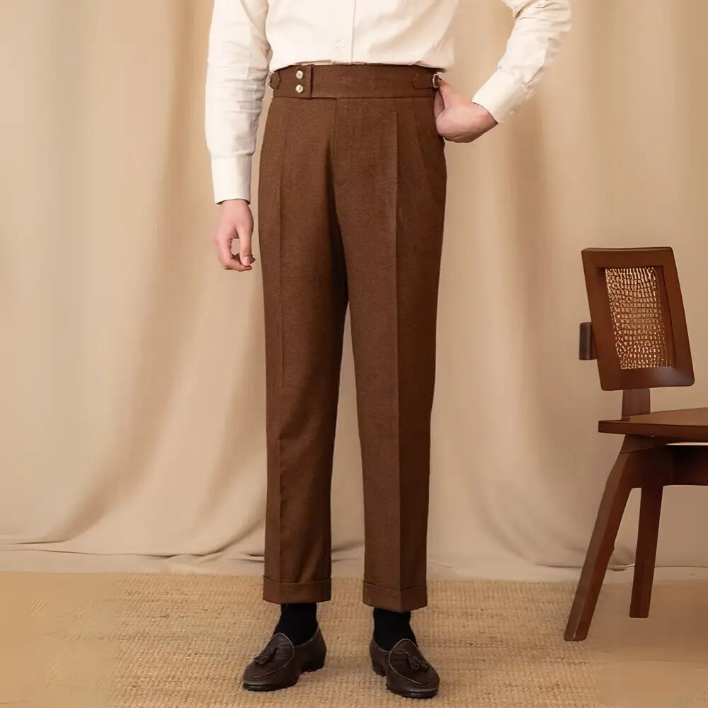Young British Casual High Waist Pants Men's Warm Straight - Apricot, Dark Grey | Spring & Autumn Casual | Old Money Menswear Prendersons