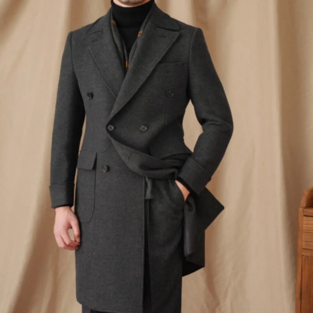 Slim Fit Wool Herringbone Coat for Men – Dark Grey & Black | Winter Warmth | Old Money Style