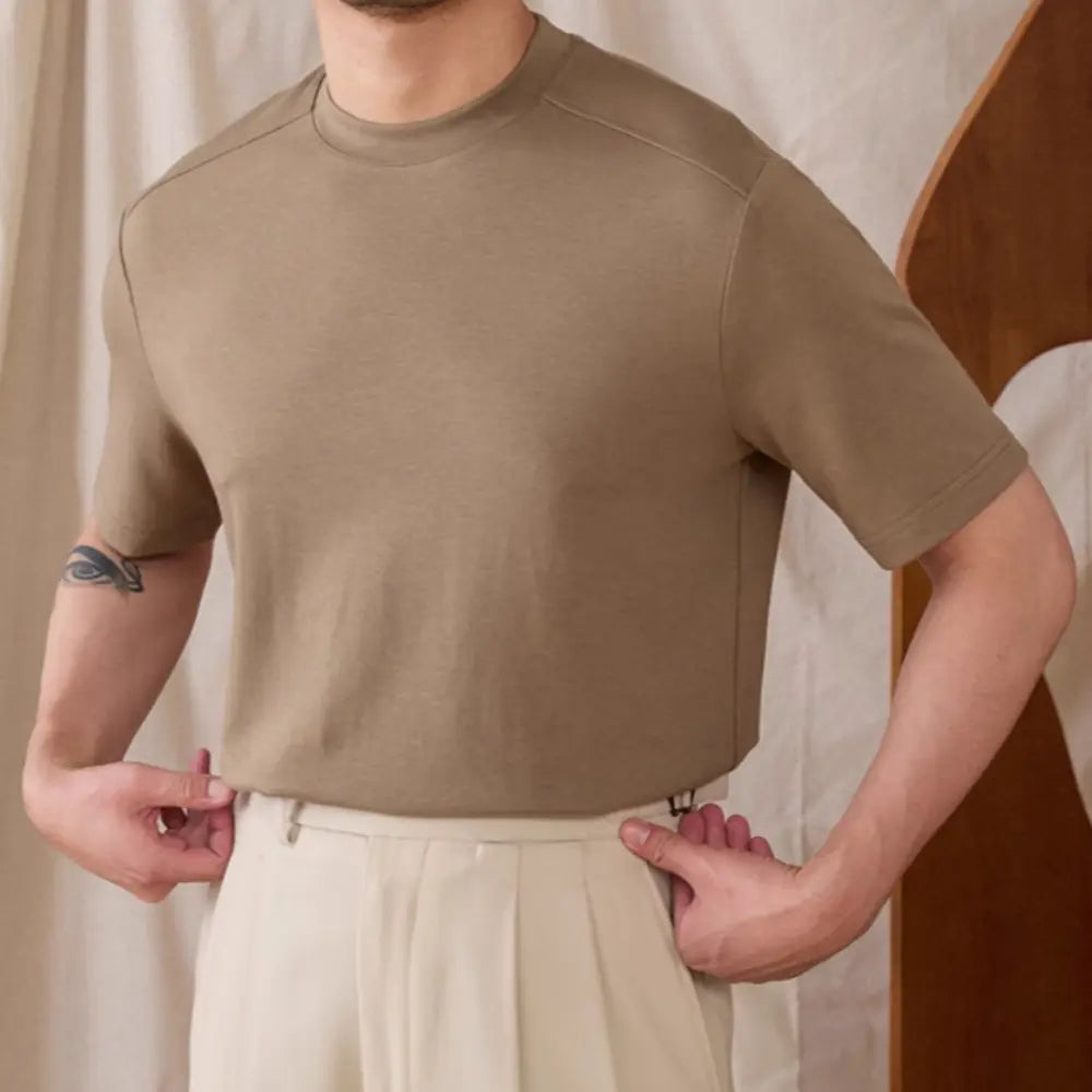 Slim Fit Round Neck T Shirt – Camel | Breathable Everyday Base | Minimalist Menswear