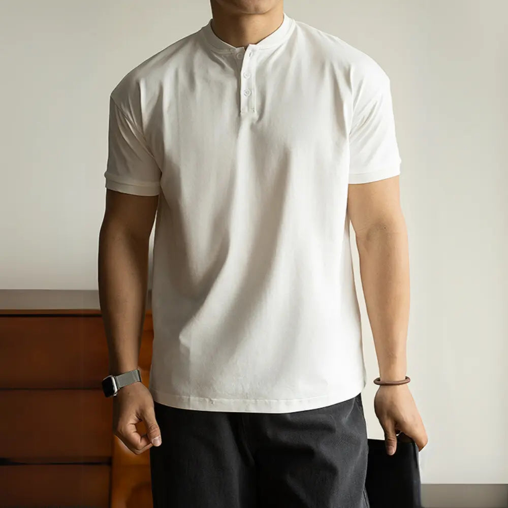 American Casual Henley T shirt Breathable Thin Short Sleeve – Ivory White | Leisure Summer Wear | Old Money Menswear