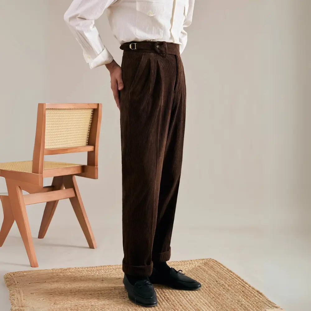 Loose Fit Pleated Corduroy Pants – Brown | Winterwear | Old Money Menswear
