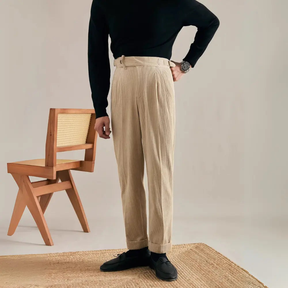 Loose Fit Pleated Corduroy Pants – Brown | Winterwear | Old Money Menswear