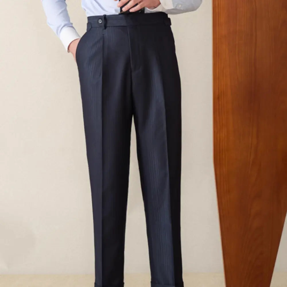 Striped High Waisted Trousers – Navy Blue | Business Casual | Gentry-Inspired Style
