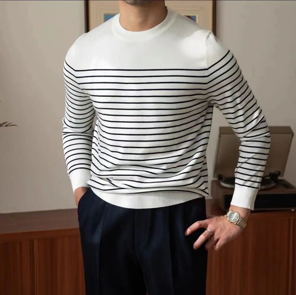 Business Commute Contrast Color Long Sleeves Mens Striped Sweater– White & Navy | Old Money Knitwear