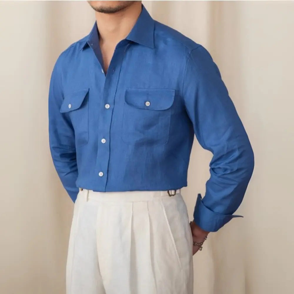 Slim Fit Business Casual Long Sleeve Linen Men's Shirt – Blue, White, Picklesgreen | Old Money Menswear