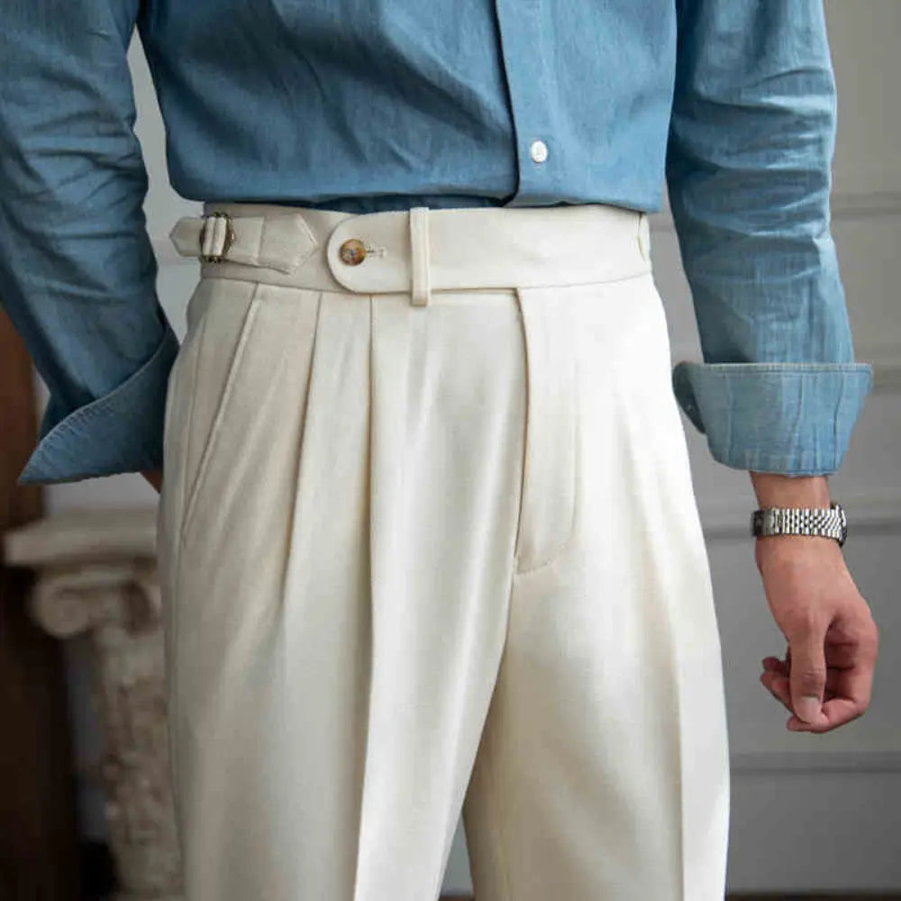 Straight Fit Draped Men's Trousers – Milky White | Business Leisure | Retro Naples Style