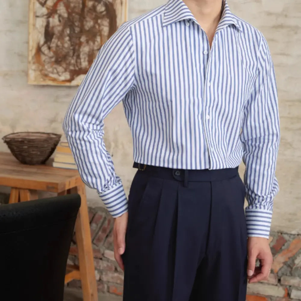 Commuter Slim Fit Striped Cotton Shirt – Blue Stripes | Autumn Office Wear | Timeless Style