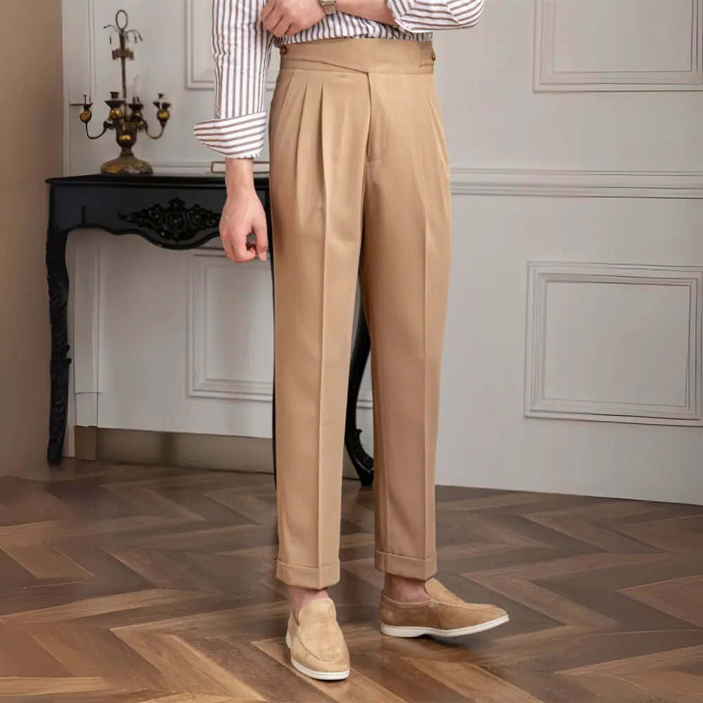 Straight-Leg High Waist Pants – Khaki | Non-Iron Finish | Italian Style