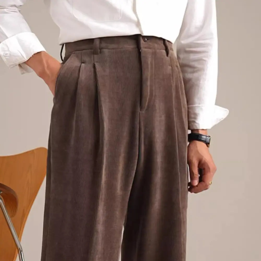 High Waist Retro Pleated Trousers – Brown/Green/Black | Casual Cool | Corduroy Menswear
