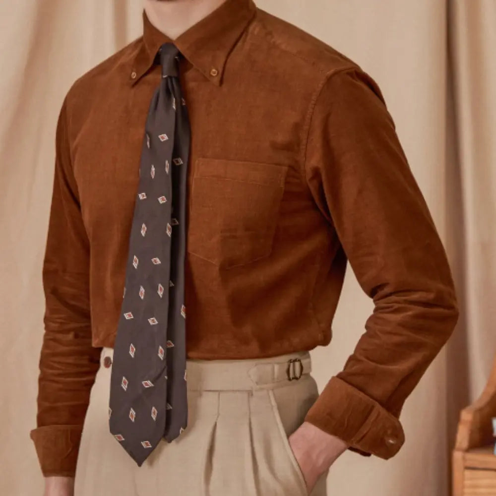 Regular Fit Corduroy Long Sleeve Shirt – Coffee Colour | Autumn Business Casual | American Style