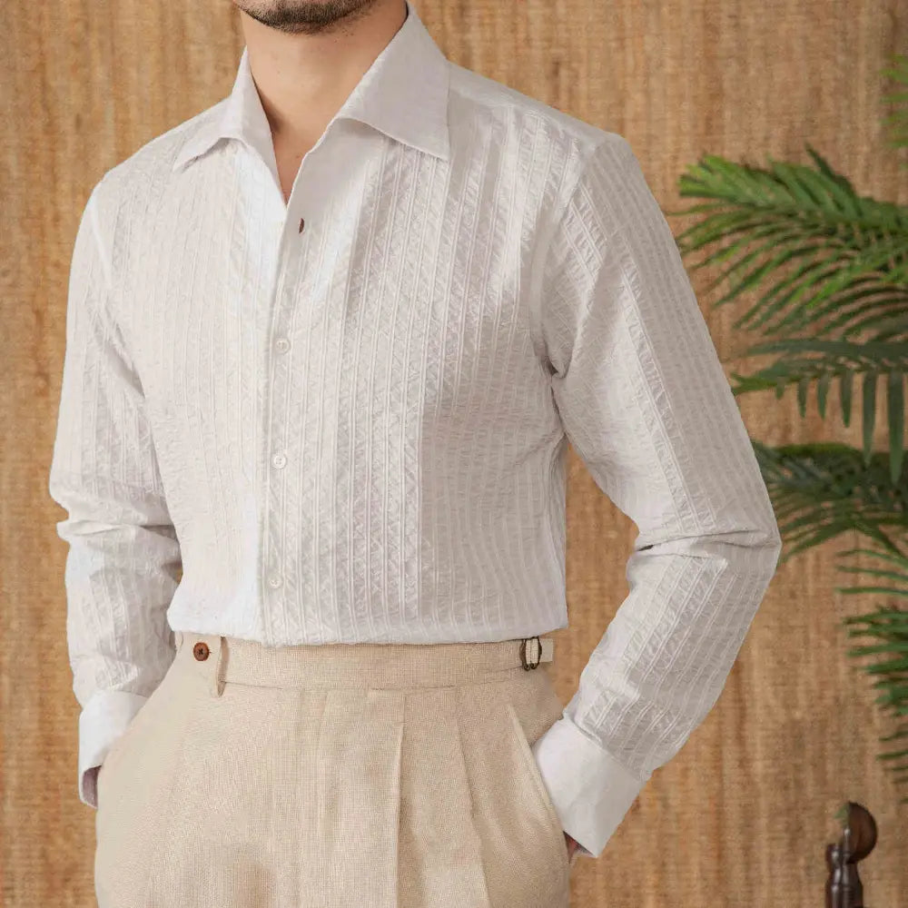 Regular Fit Men's Cotton Seersucker Shirt – Lake Blue & White | Casual Summer Essential | Old Money Menswear