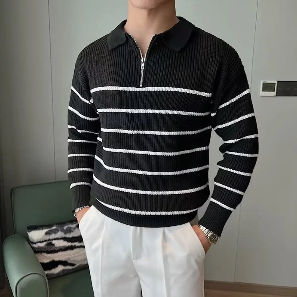 Design Half Zipper Striped Sweater For Men – Black & Blue | Casual Layering | Old Money Knitwear