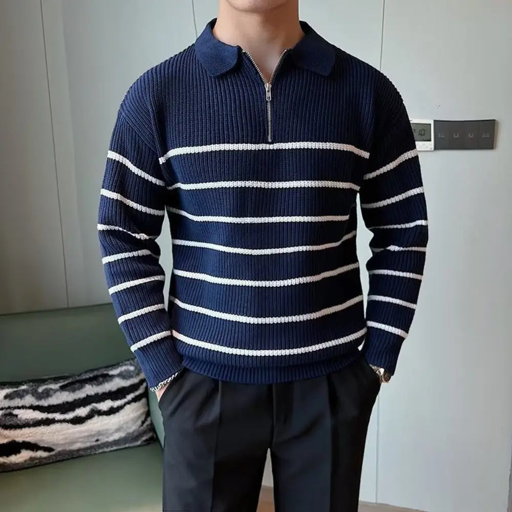Design Half Zipper Striped Sweater For Men – Black & Blue | Casual Layering | Old Money Knitwear