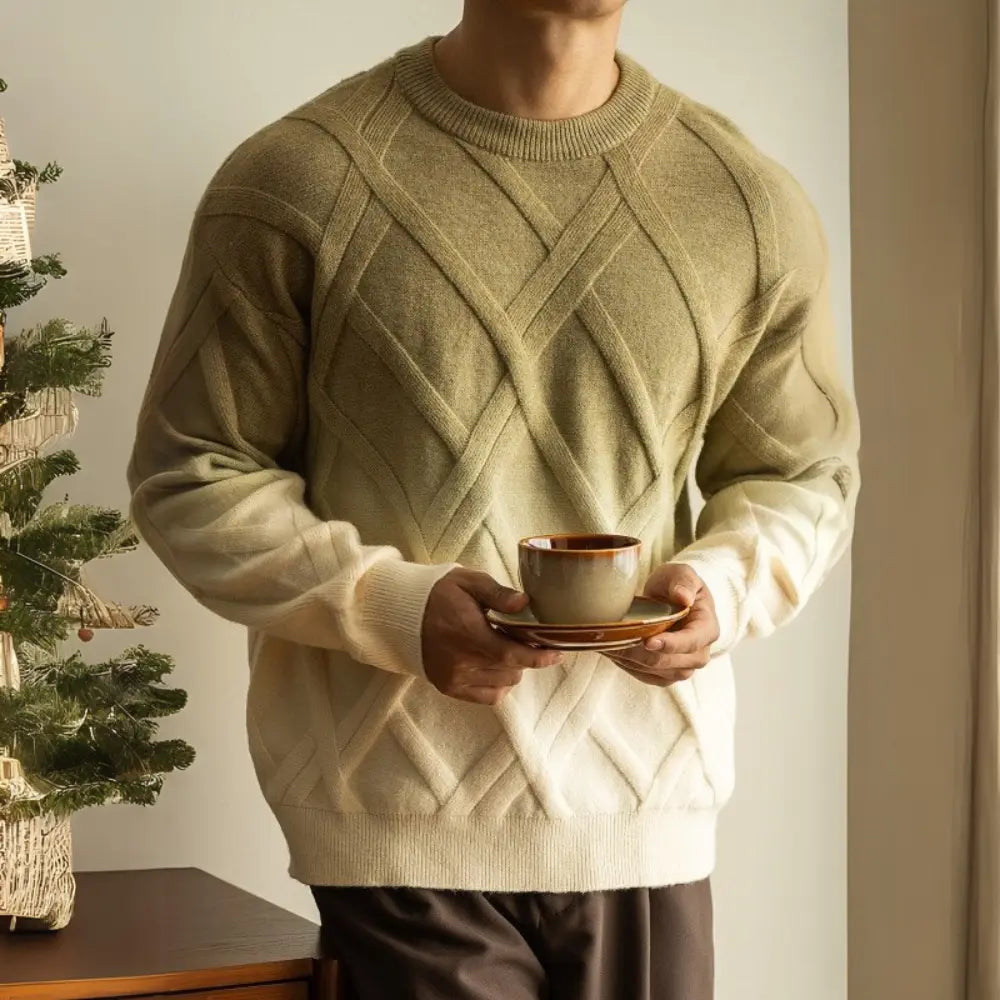 Diamond Lattice Jacquard Gradient Sweater – Khaki Green | Autumn Daily Wear | Retro Gradient Aesthetic