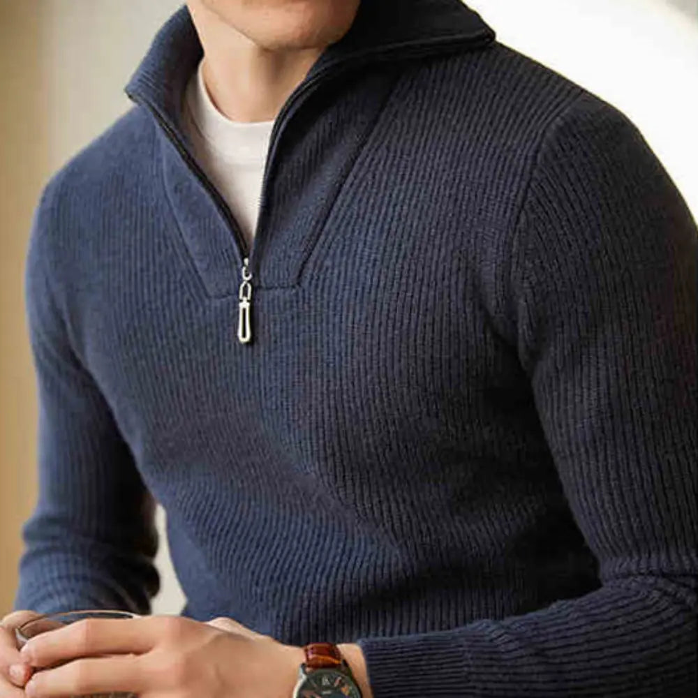 Half-height Zip Men's Long Sleeve Turtleneck Sweater – Ancient Blue | Pure Wool Knitwear