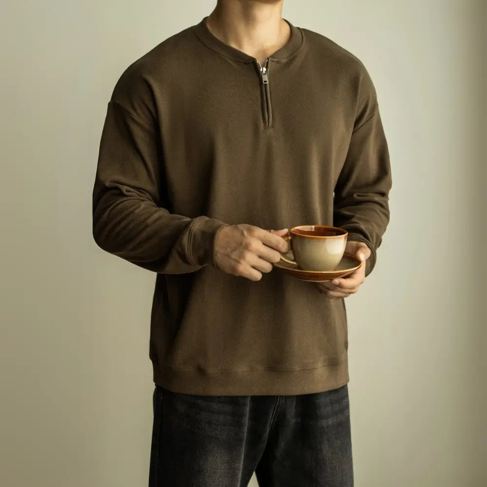 Half Long-sleeve Zipper T-shirt Men's Casual Bottoming Shirt – White | Autumn Casualwear | Old Money Menswear