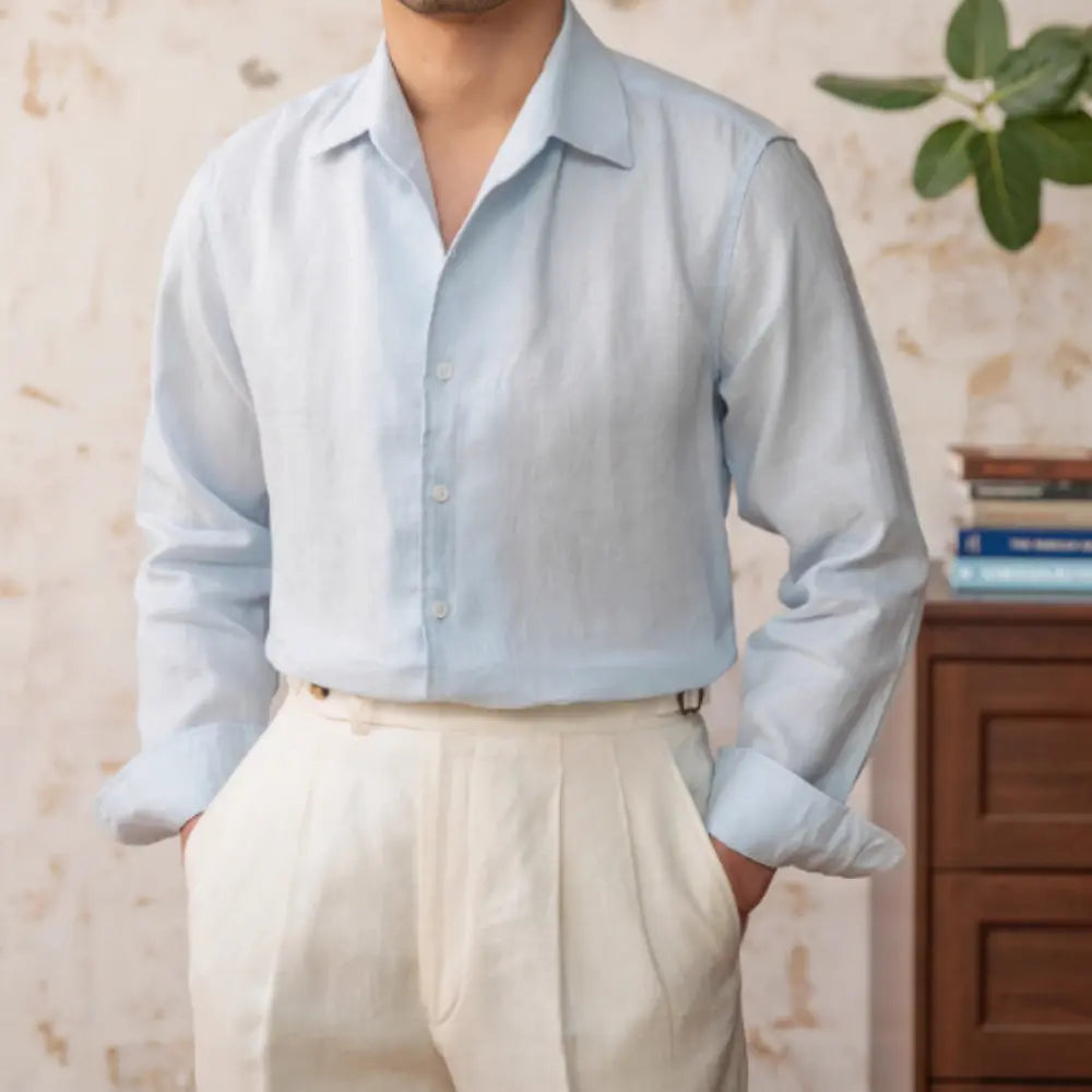 Relaxed Fit Casual Long Sleeve Shirt – Sky Blue, White | Spring Getaways | Breezy Old Money Style