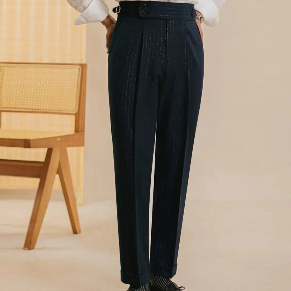 Straight Fit High Waisted Trousers – Navy Blue | Light Business | Italian Naples Style