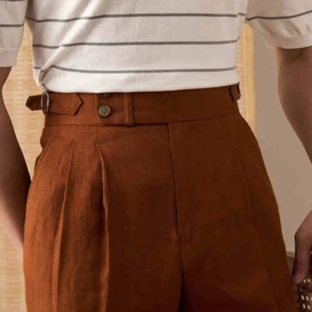 Straight Fit Double Pleated Pants – Khaki | Business Casual | Paris Buckle Detail