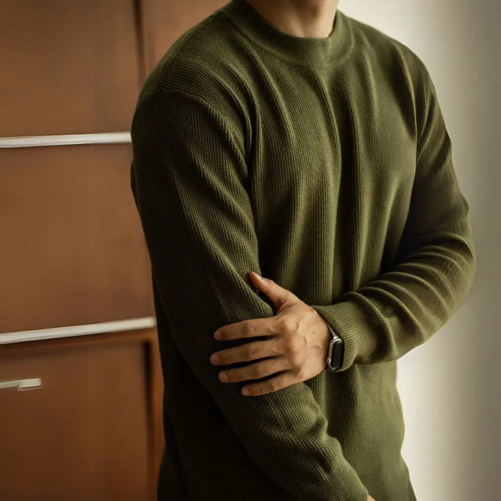 Slim Fit Jacquard Crew Neck Sweater – Olive Green | Autumn Casual | Quiet Luxury Knitwear