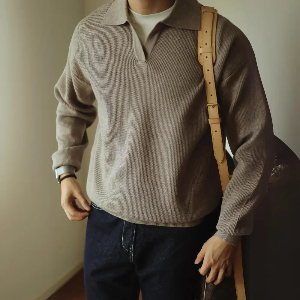 Loose Fit Lapel Long Sleeve Sweater – Apricot, Black & Grey | Base Layer | Old Money Casual Knit