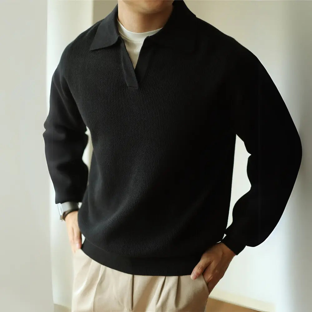 Loose Fit Lapel Long Sleeve Sweater – Apricot, Black & Grey | Base Layer | Old Money Casual Knit