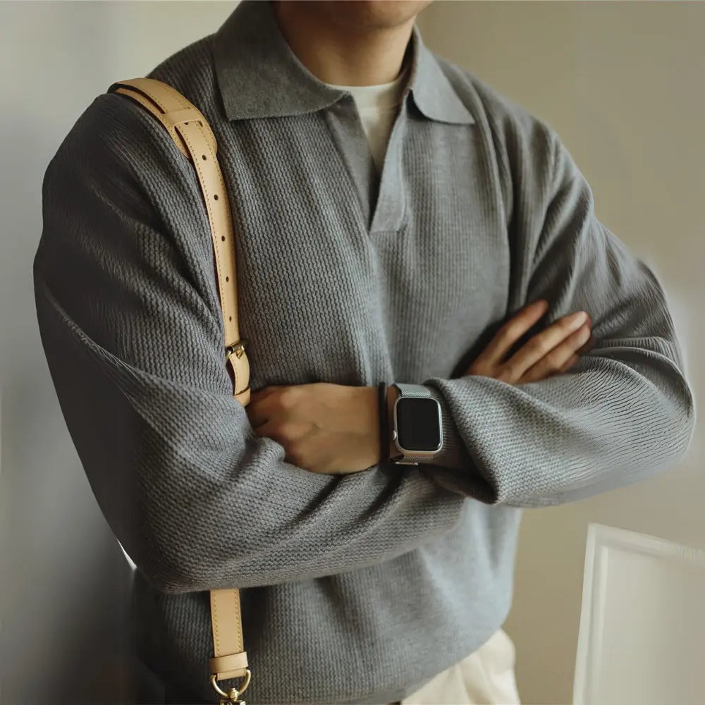 Loose Fit Lapel Long Sleeve Sweater – Apricot, Black & Grey | Base Layer | Old Money Casual Knit