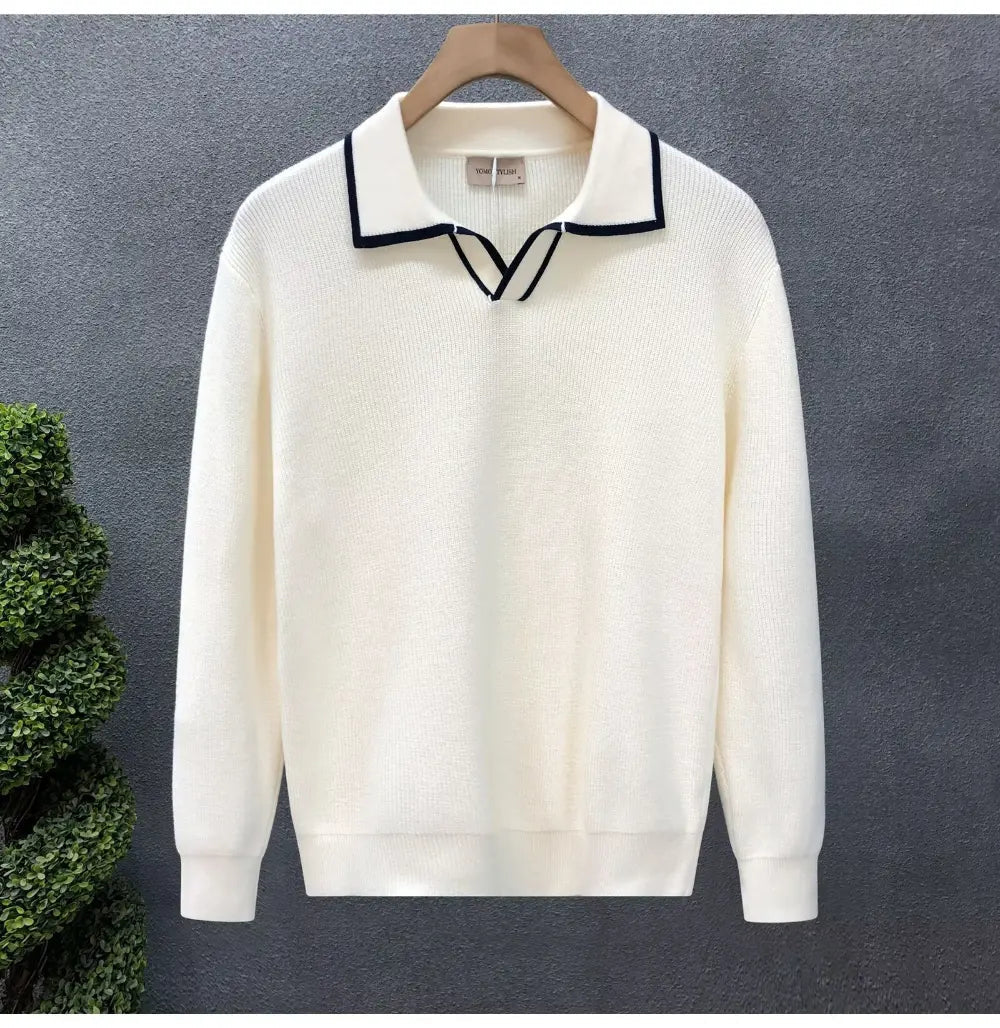 Lightly Mature Casual Polo Collar Sweater Men – Black & White | Leisurewear | Old Money Knit Pullover