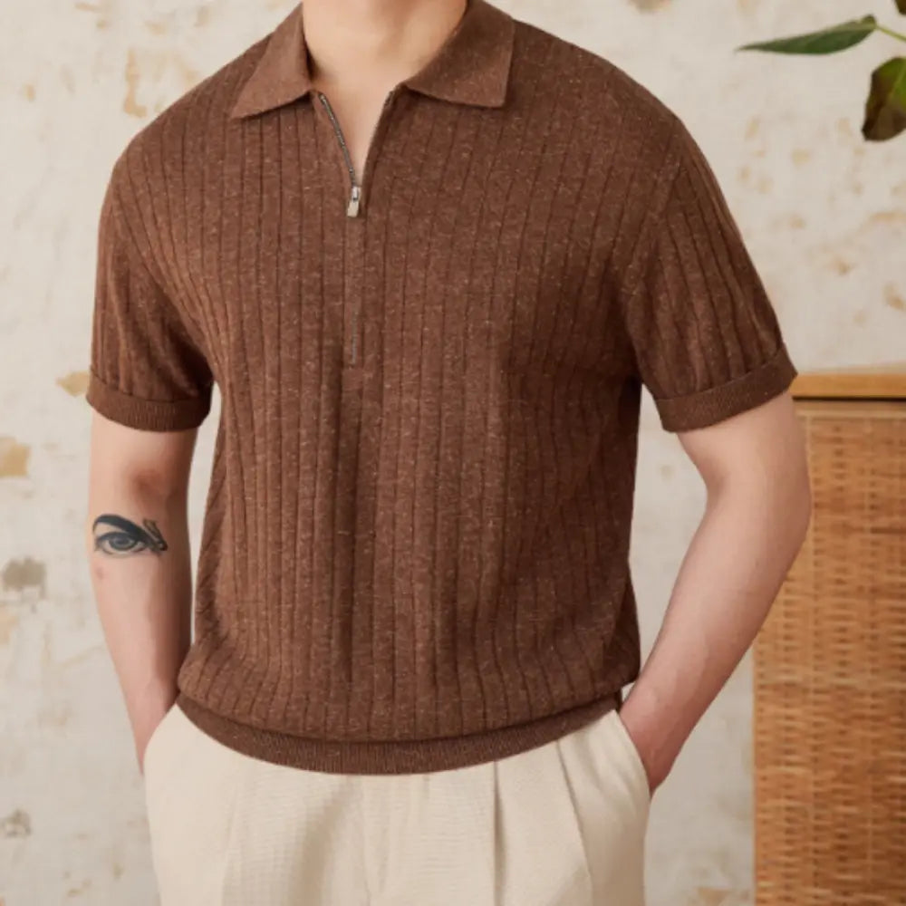 Linen Blend Lapel Zipper Sunken Stripe Short Sleeve Shirt - Navy Blue | Summer Casual | Textured Linen Blend