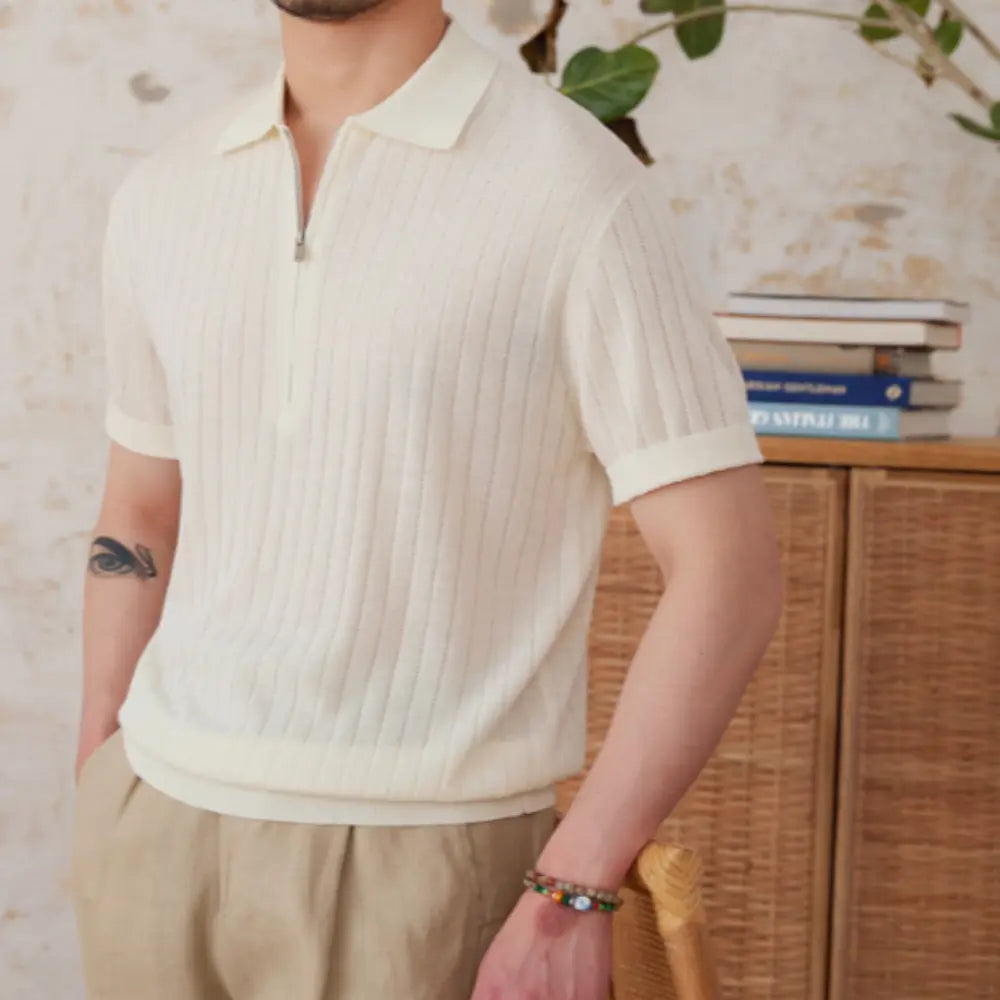 Linen Blend Lapel Zipper Sunken Stripe Short Sleeve Shirt - Navy Blue | Summer Casual | Textured Linen Blend