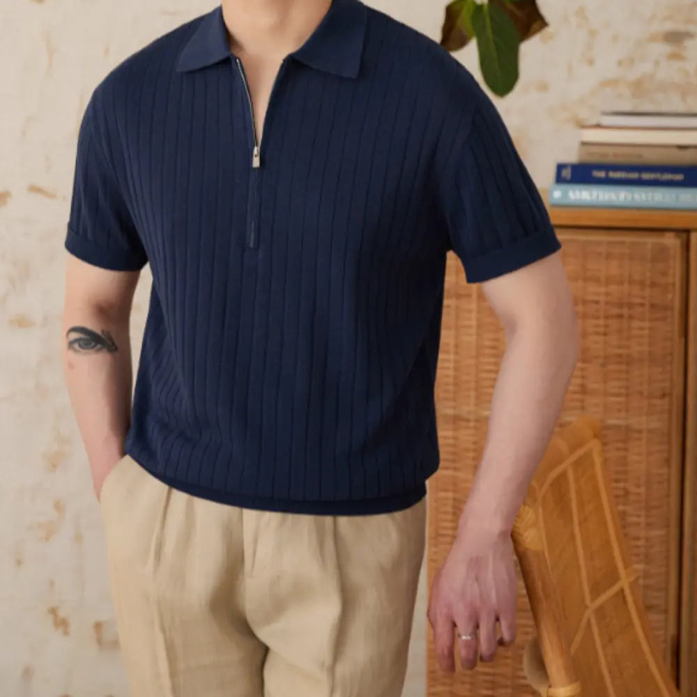 Linen Blend Lapel Zipper Sunken Stripe Short Sleeve Shirt - Navy Blue | Summer Casual | Textured Linen Blend