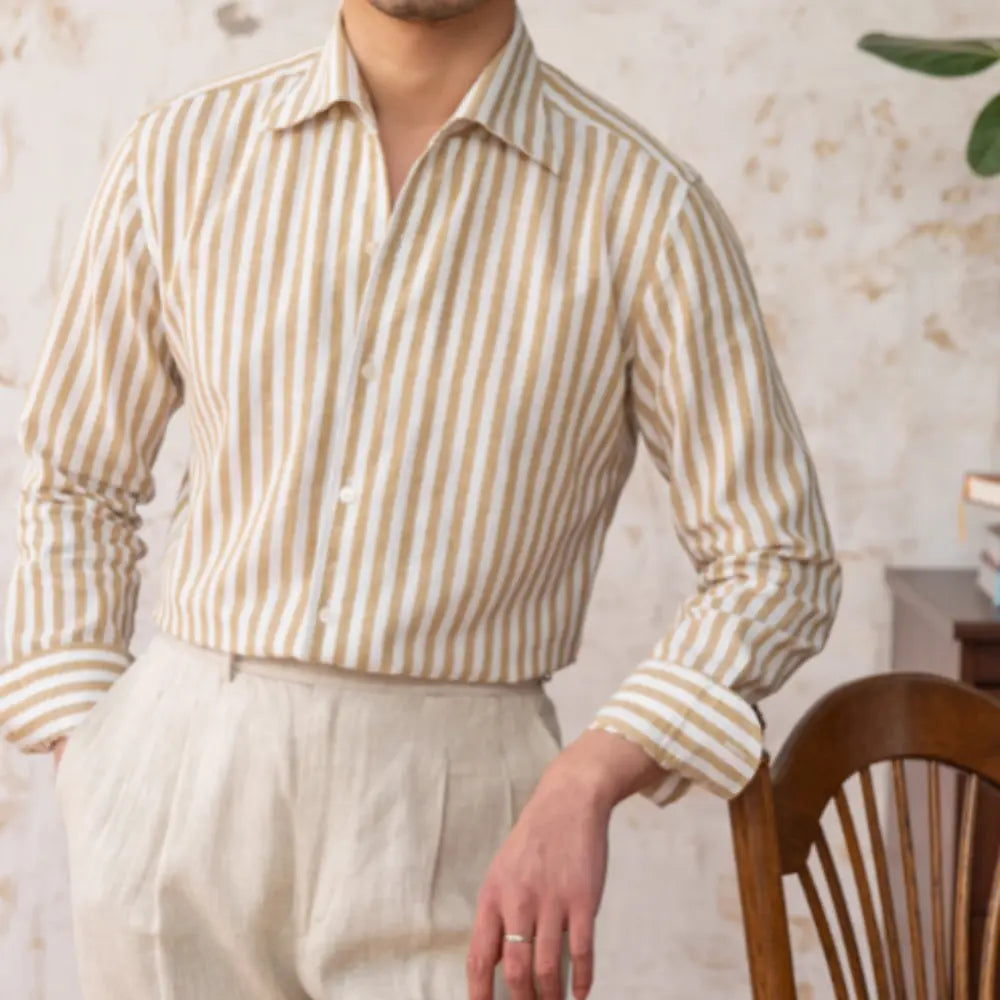 Linen Collar Slim Fit Striped Long Sleeve Shirt – Pink, Blue, Green, Yellow | Spring Business Casual | Old Money Menswear