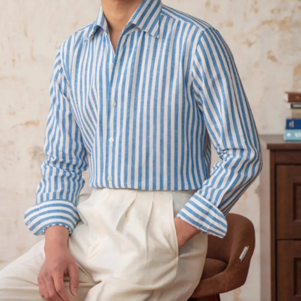 Linen Collar Slim Fit Striped Long Sleeve Shirt – Pink, Blue, Green, Yellow | Spring Business Casual | Old Money Menswear