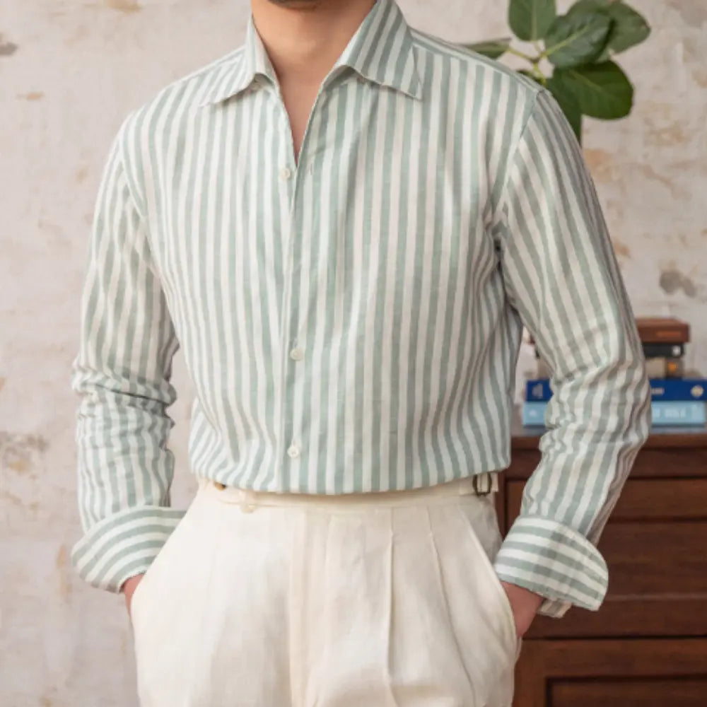 Linen Collar Slim Fit Striped Long Sleeve Shirt – Pink, Blue, Green, Yellow | Spring Business Casual | Old Money Menswear