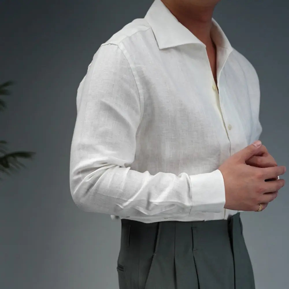 Loose Fit One Piece Collar Shirt – Ivory White, Brown | Light Business | Linen Menswear Classic