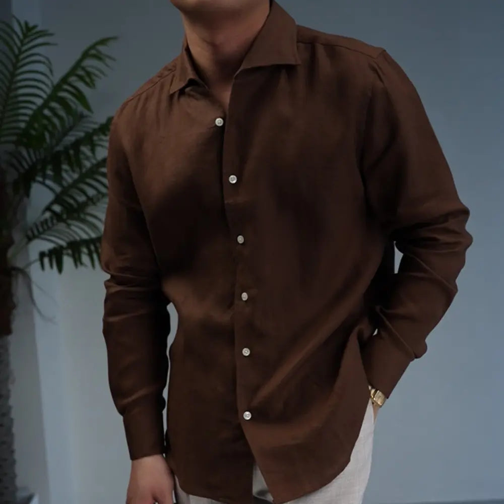 Loose Fit One Piece Collar Shirt – Ivory White, Brown | Light Business | Linen Menswear Classic