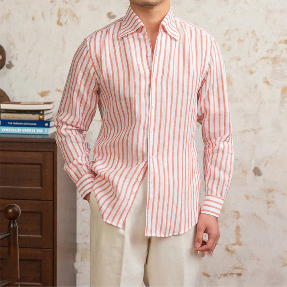 Long-sleeved Linen Striped Shirt With One Collar – Red, Blue | Routine Wear | Youth Pop Style