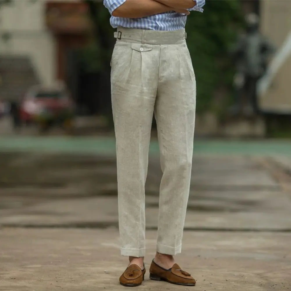 Slim Fit American Style Linen Trousers - Creamy-White, Khaki, Navy Blue | Plus Size | Retro Ankle-Banded Design Prendersons