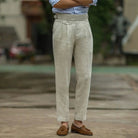 Slim Fit American Style Linen Trousers - Creamy-White, Khaki, Navy Blue | Plus Size | Retro Ankle-Banded Design Prendersons