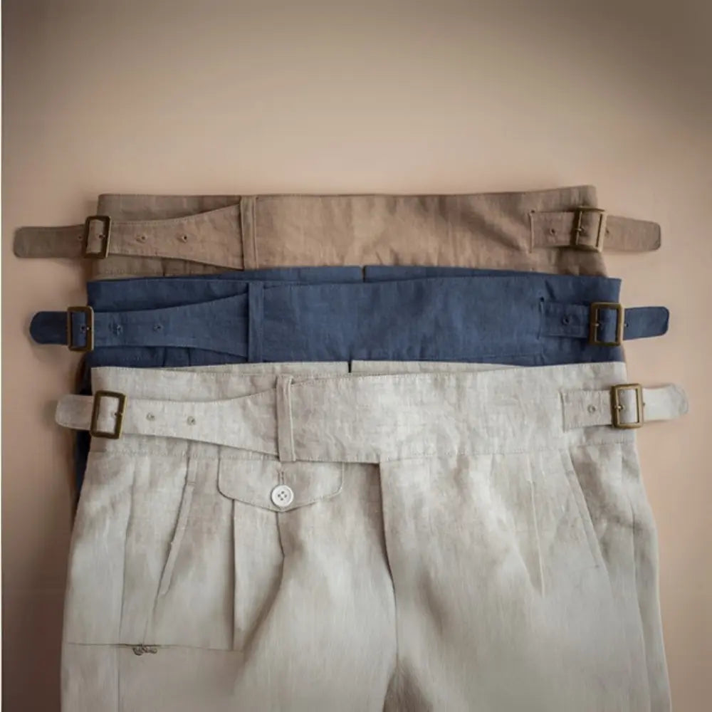 Slim Fit American Style Linen Trousers - Creamy-White, Khaki, Navy Blue | Plus Size | Retro Ankle-Banded Design Prendersons