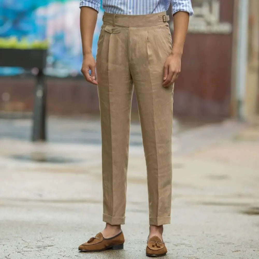 Slim Fit American Style Linen Trousers - Creamy-White, Khaki, Navy Blue | Plus Size | Retro Ankle-Banded Design Prendersons