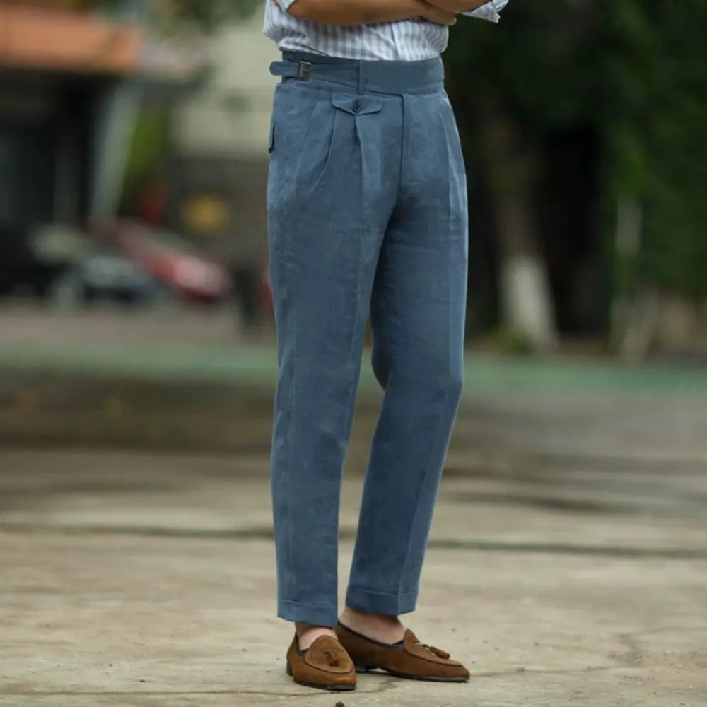 Slim Fit American Style Linen Trousers - Creamy-White, Khaki, Navy Blue | Plus Size | Retro Ankle-Banded Design Prendersons