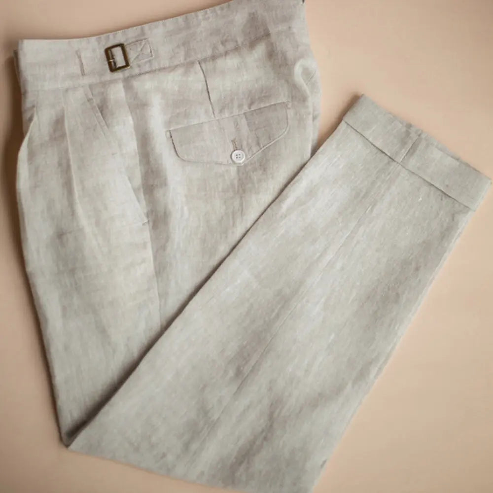 Slim Fit American Style Linen Trousers - Creamy-White, Khaki, Navy Blue | Plus Size | Retro Ankle-Banded Design Prendersons