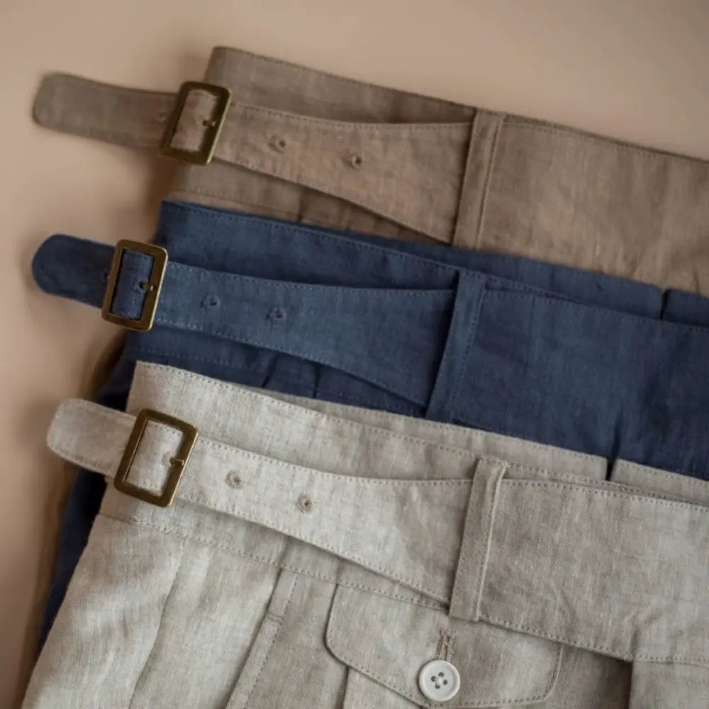 Slim Fit American Style Linen Trousers - Creamy-White, Khaki, Navy Blue | Plus Size | Retro Ankle-Banded Design Prendersons