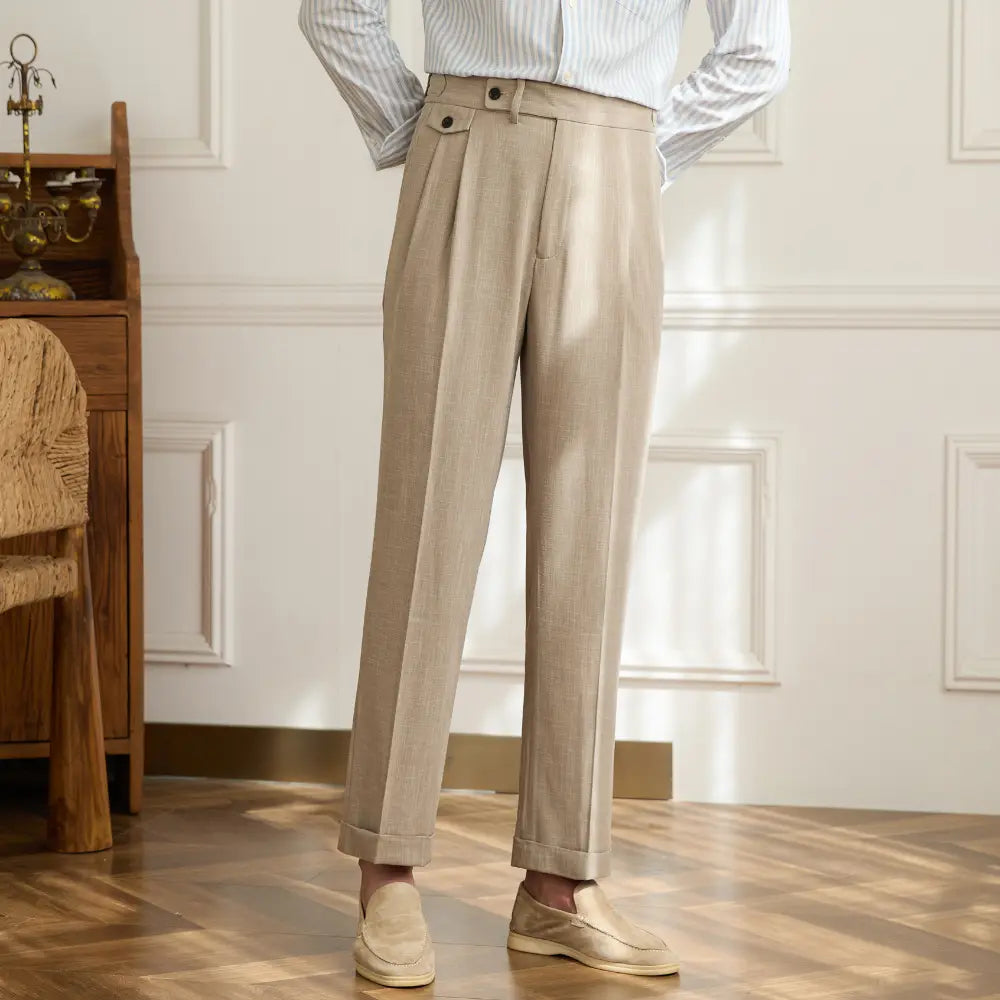 Slim Fit British Trousers – Light Khaki | Business Casual | Breathable Blend
